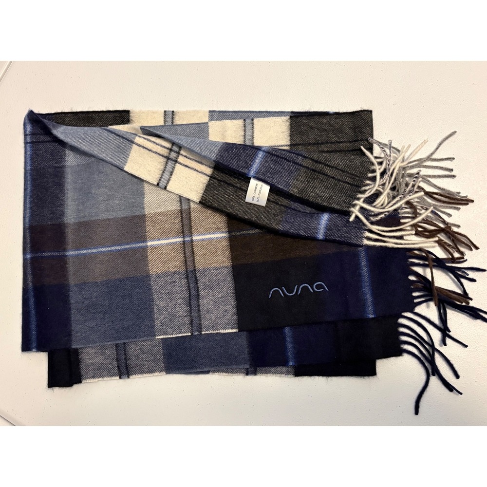 Nuna 100% Cashmere Scarf Blue Navy Grey Plaid Fringe Winter Luxury Soft f5